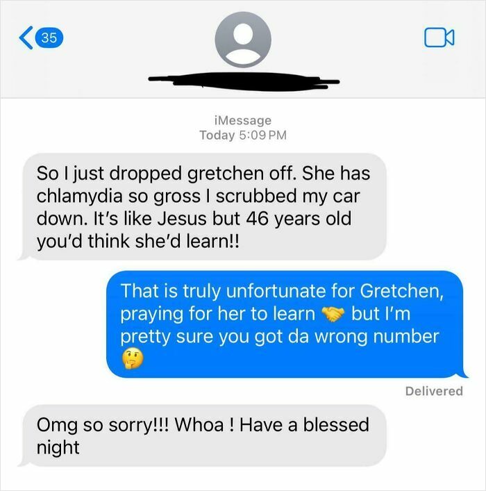 Text message exchange showing a funny and awkward wrong number conversation about a misunderstanding involving chlamydia.