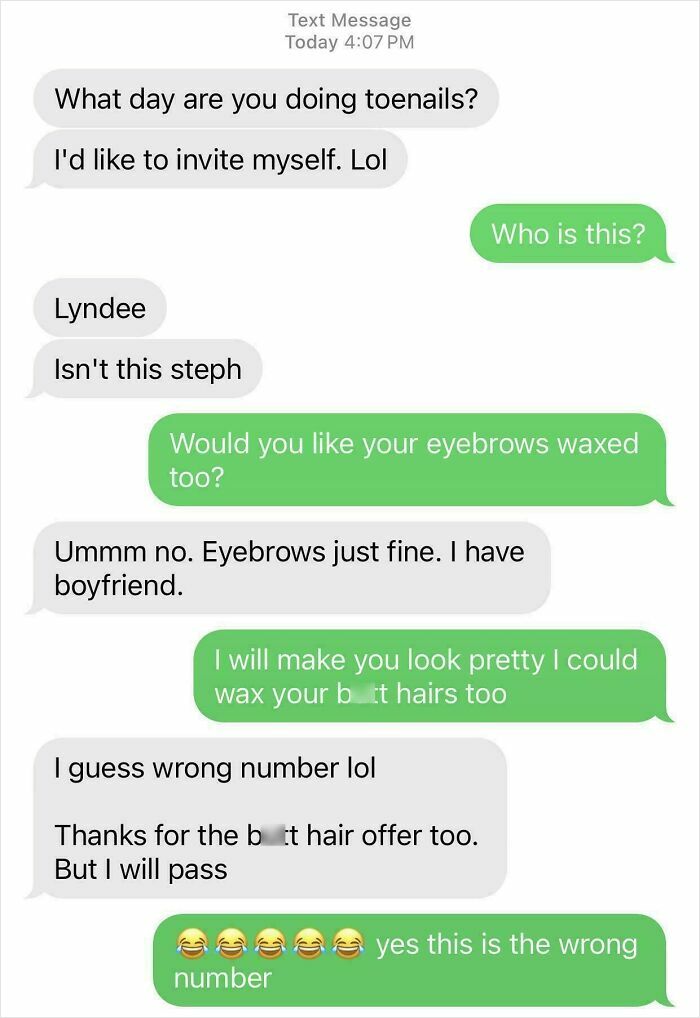 Funny wrong number text exchange about waxing eyebrows and body hair causing laughter and awkwardness.