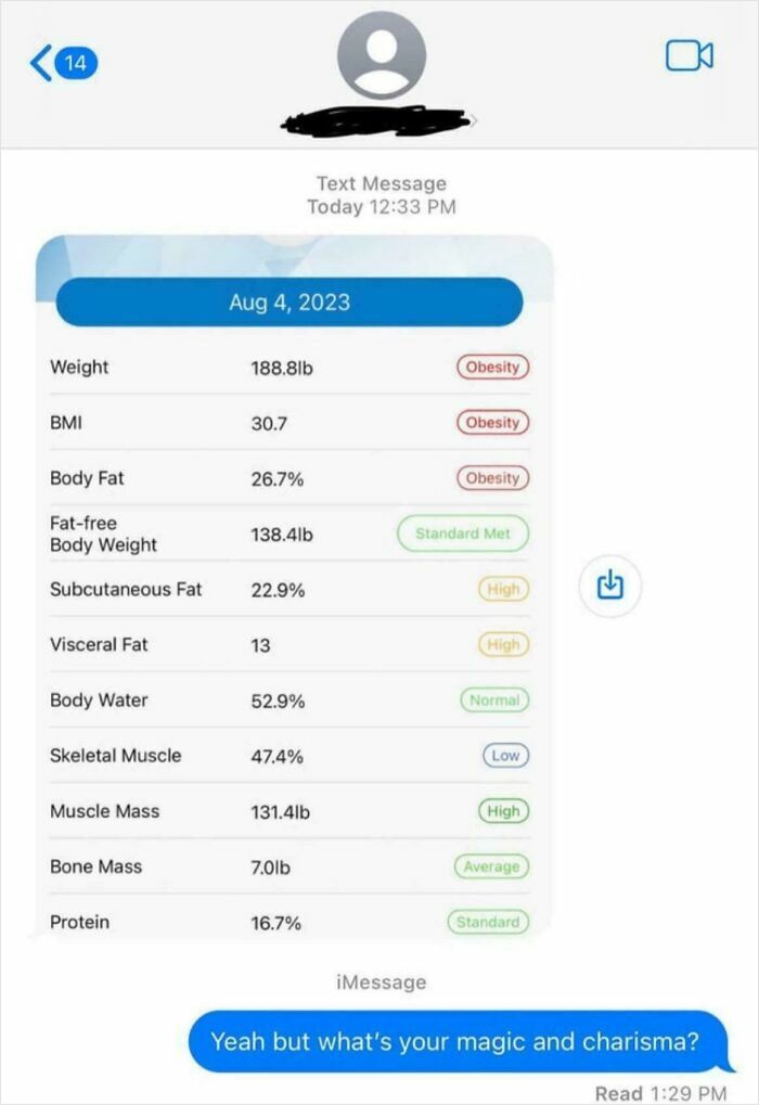 Screenshot of a wrong number text showing body metrics with a humorous reply about magic and charisma.