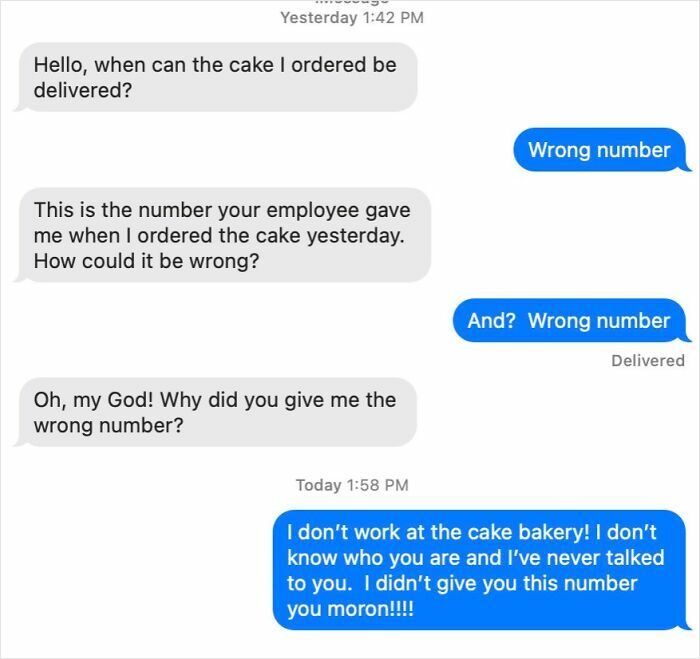 Text message exchange showing a funny wrong number conversation about a cake order causing confusion and laughter.