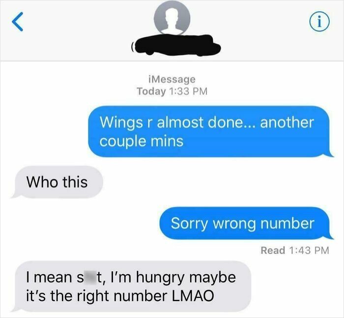 Text message exchange showing a funny wrong number text where someone admits hunger and confusion.