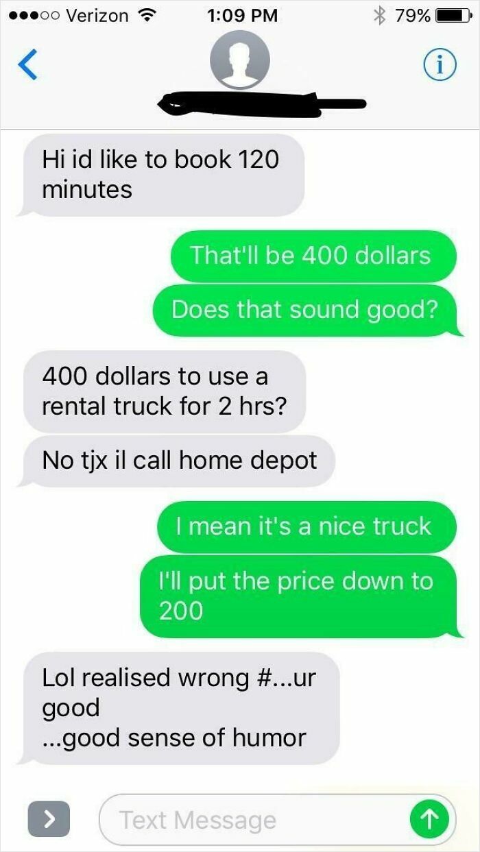 Text conversation showing a funny wrong number exchange about rental truck prices and mistaken identity.
