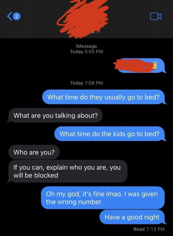 Screenshot of a funny wrong number text conversation with confusion about bedtime and polite ending.