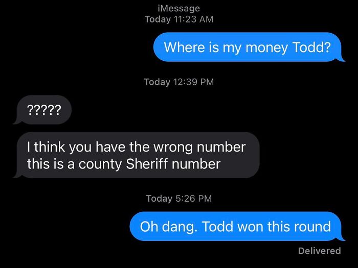 Text message exchange showing a funny wrong number confusion involving a county sheriff number and a money query.