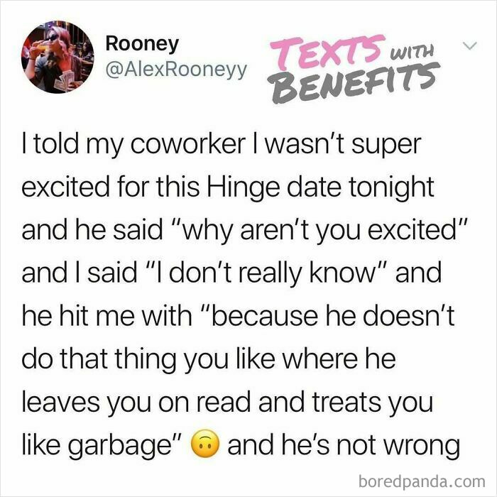 Tweet about dating from Hinge highlighting unhinged, relatable experiences in modern dating texts with benefits theme.