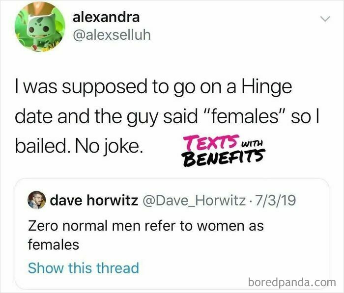 Tweet about a Hinge dating experience highlighting the awkward use of the word females in dating conversations.