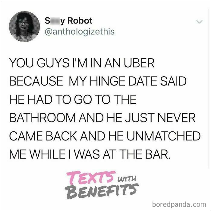 Tweet about dating experience where a Hinge date leaves abruptly and unmatches, highlighting unhinged dating moments.