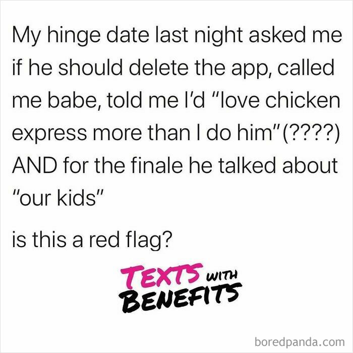 Text about a hinge date, unhinged tweets on dating highlighting red flags and relationship humor.