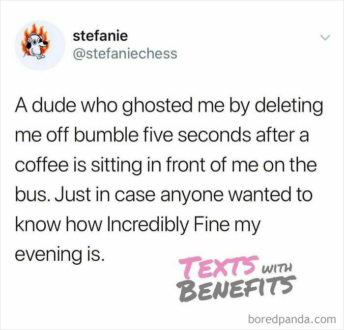 Tweet about dating ghosting on Bumble, humorously describing an awkward bus encounter after being deleted.