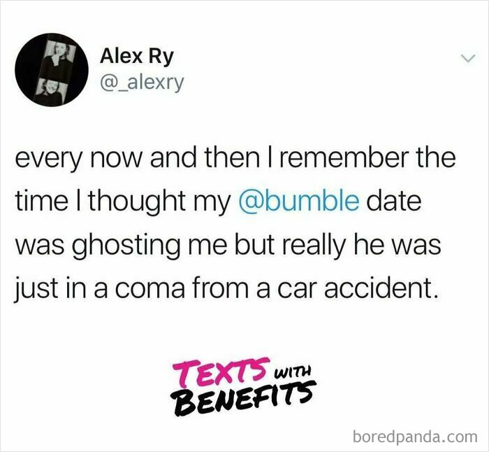 Tweet about dating confusion involving a Bumble date, illustrating perfectly unhinged dating moments that feel way too real.