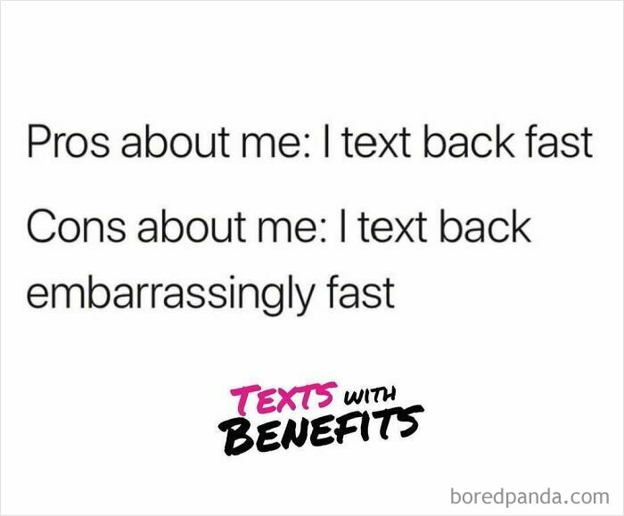 Text about texting back fast as a perfectly unhinged tweet about dating humor and relationships.