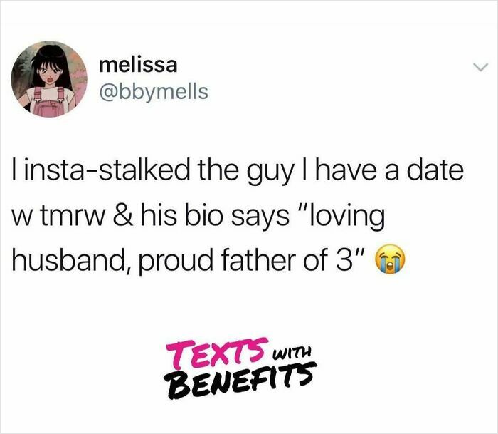 Tweet about dating from a user named Melissa joking about stalking a date who is a loving husband and father, illustrating unhinged dating humor.
