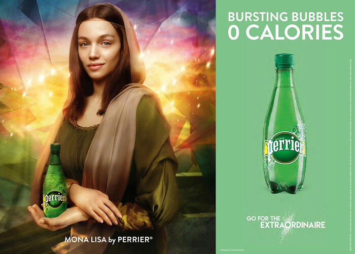 Mona Lisa inspired Perrier ad campaign featuring the iconic painting with a modern beverage twist.