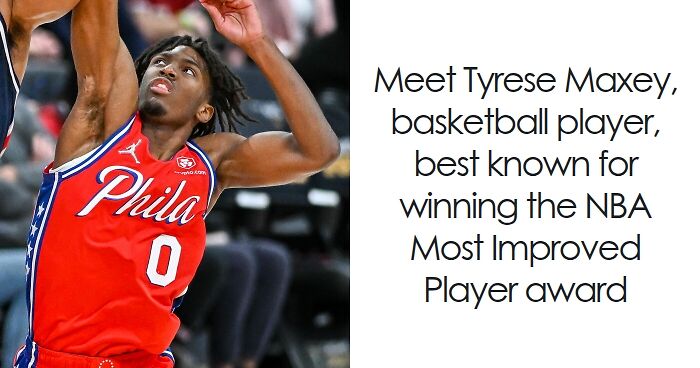 Tyrese Maxey in red Philadelphia jersey jumping to score during an NBA game, showcasing career highlights.