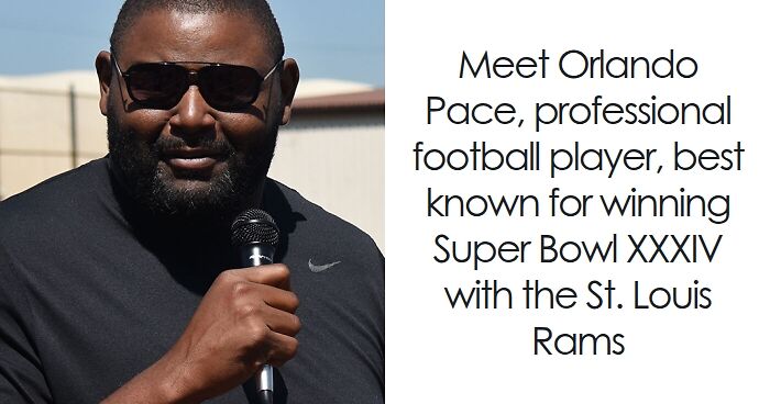 Orlando Pace speaking into a microphone outdoors, wearing sunglasses and a black Nike shirt.