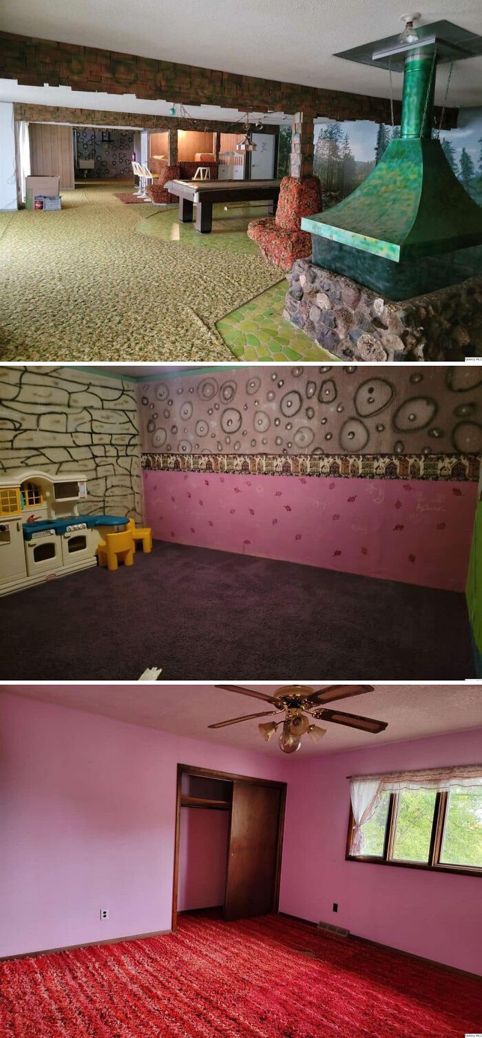 Retro interior rooms featuring bold carpets, colorful walls, and unique fireplace designs in Zillow homes.