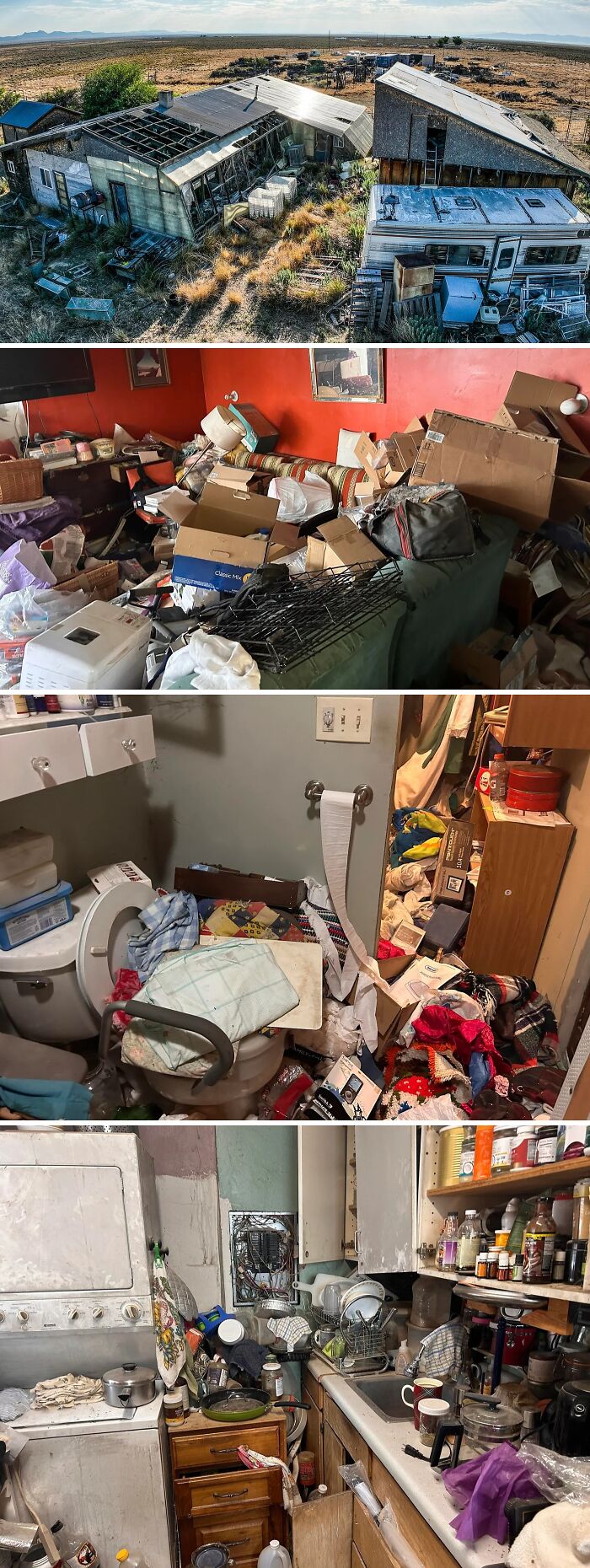 Zillow homes with extreme clutter and disrepair including messy interiors and dilapidated exterior in a rural setting.