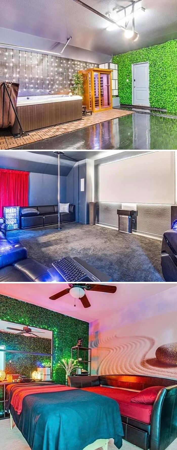 Zillow homes interior featuring modern spa, home theater, and vibrant bedroom with unique decor and lighting.