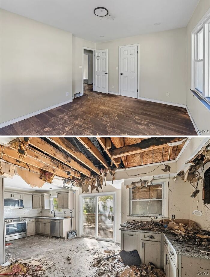 Two Zillow homes showing stark contrast with one clean bedroom and another kitchen severely damaged by fire.