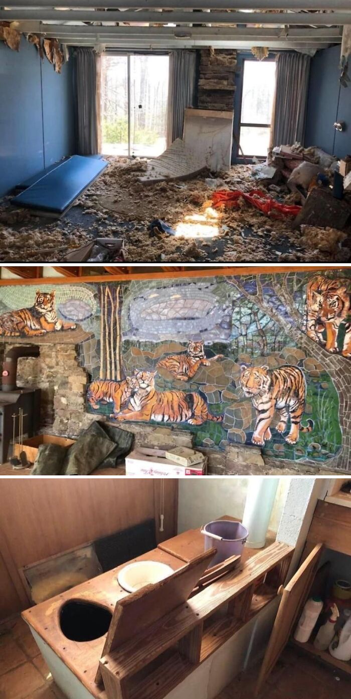 Three unusual Zillow homes with torn ceilings, tiger murals, and old-fashioned wooden bathroom fixtures.
