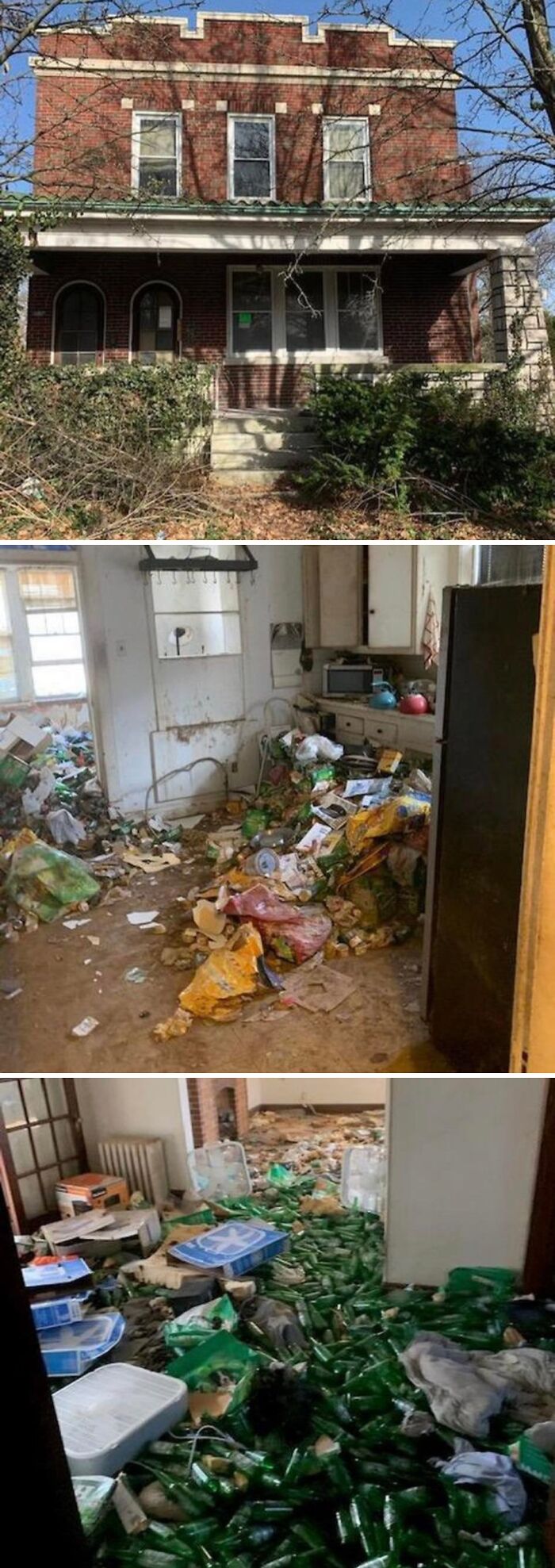 Dilapidated Zillow homes with cluttered, trash-filled interiors and overgrown exteriors showing extreme disrepair and neglect.