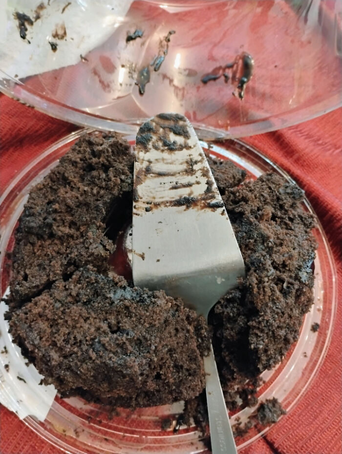 Partially eaten, crumbled chocolate cake in a plastic container with a spatula, showing family member frustration.