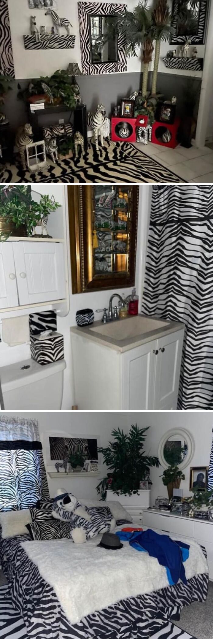 Zillow homes with bold zebra print decor in various rooms including living, bathroom, and bedroom designs.