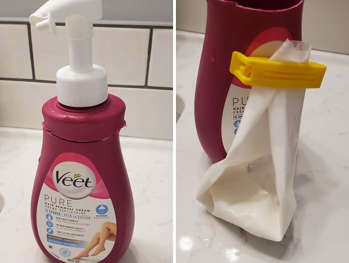 Misleading packaging of Veet hair removal cream with a large pump bottle but a small, nearly empty inner container inside.