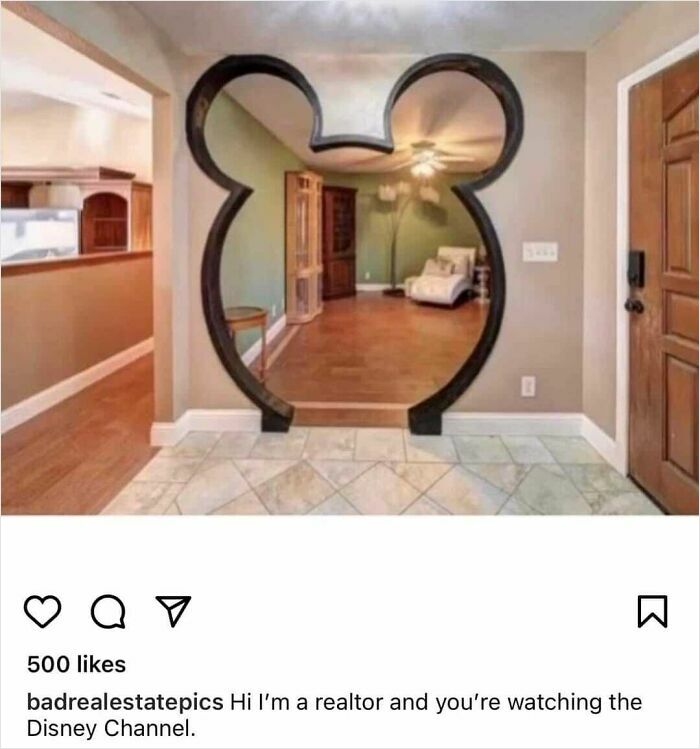 Unique Zillow home interior featuring a Mickey Mouse-shaped doorway connecting rooms with modern decor.