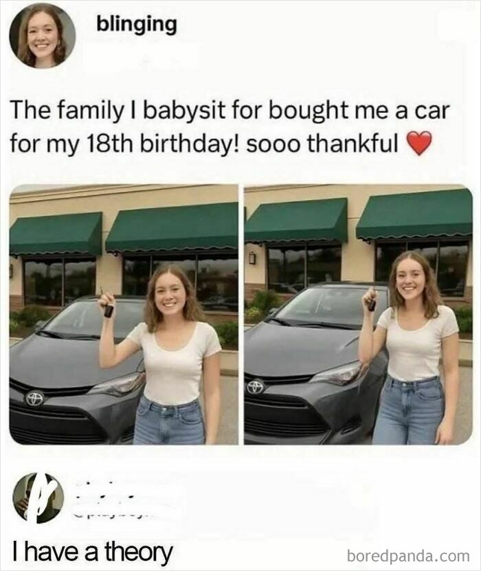 Young woman happily holding car keys next to a gray Toyota, featured in a Laughgorithm meme collection about perfect memes.
