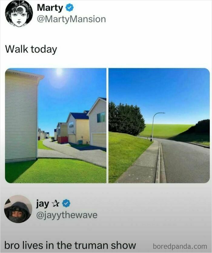Twitter meme showing two photos of a surreal neighborhood scene, highlighted in popular laughgorithm memes.
