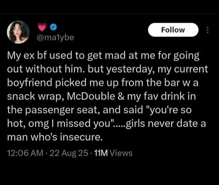 Tweet about a boyfriend bringing snacks and a drink, highlighting relationship humor from laughgorithm memes collection.