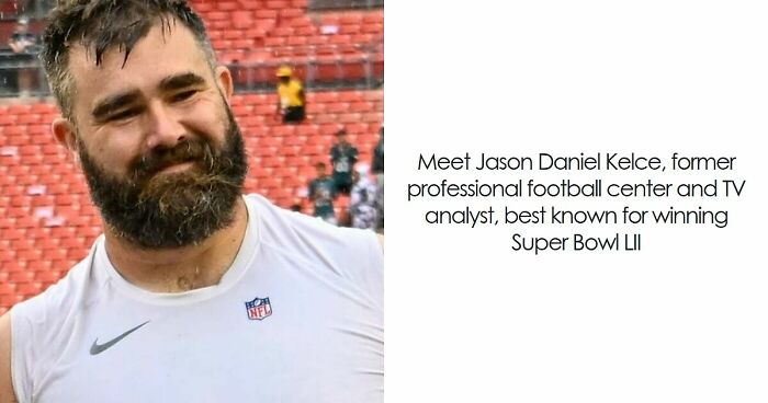 Jason Kelce smiling on the field, wearing a white NFL shirt, representing key bio and career highlights moments.
