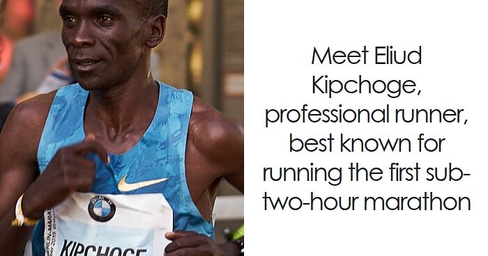 Eliud Kipchoge running in a marathon event wearing a blue racing singlet and race bib number Kipchoge.