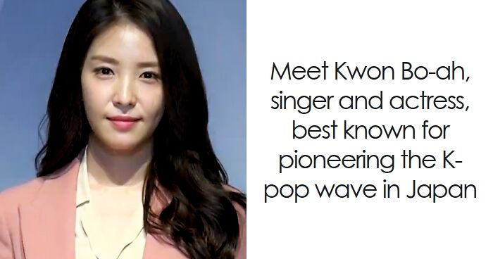 BoA smiling confidently, highlighting her bio and career achievements as a K-pop singer and actress pioneering in Japan.