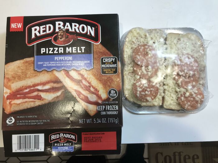 Red Baron Pizza Melt package showing larger pizza image compared to the small actual frozen product inside misleading packaging.
