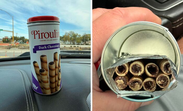 Misleading packaging of Pirouline dark chocolate filled wafer showing fewer wafers than depicted on the container.