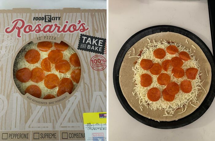 Pepperoni pizza with misleading packaging showing fewer toppings inside versus the full pizza outside the box.