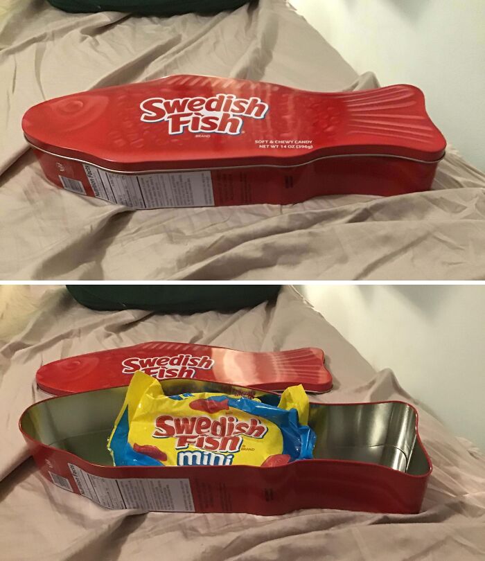Misleading packaging of Swedish Fish candy in a large fish-shaped tin that contains smaller candy bags inside.