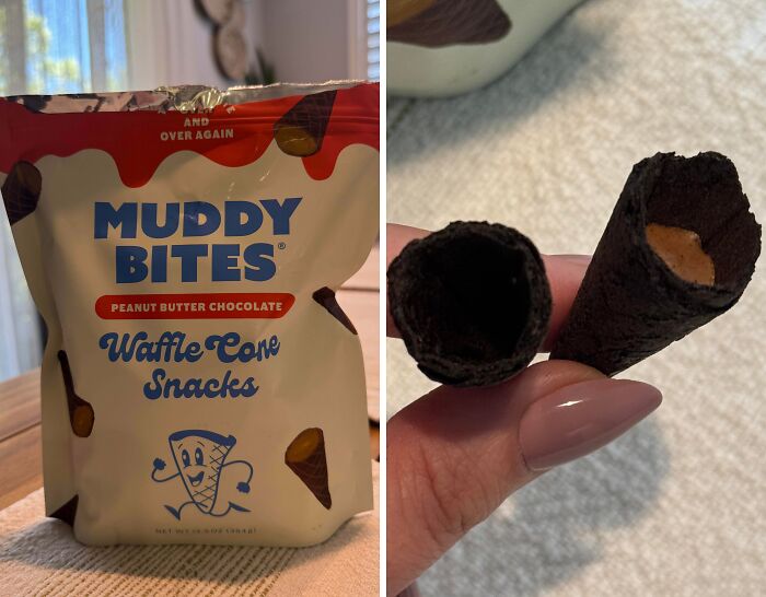 Muddy Bites peanut butter chocolate waffle core snacks showing misleading packaging with almost empty filling inside.