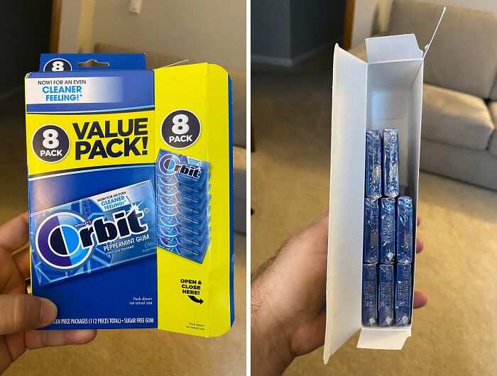 Orbit chewing gum value pack with misleading packaging showing 8 packs but containing fewer pieces inside.