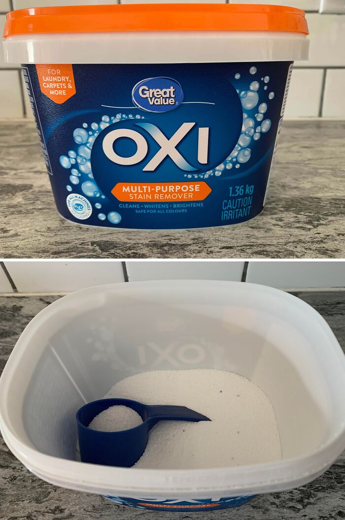Plastic container of Great Value Oxi stain remover with orange lid, showing misleading packaging with mostly empty inside.