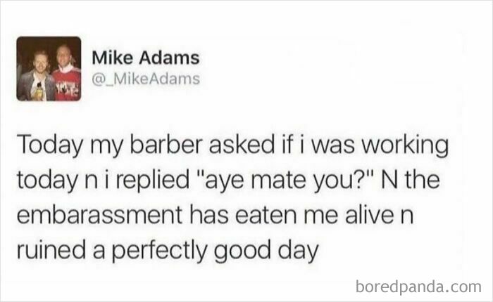 Tweet about Scottish humor and embarrassment shared by a man describing a funny interaction with his barber.
