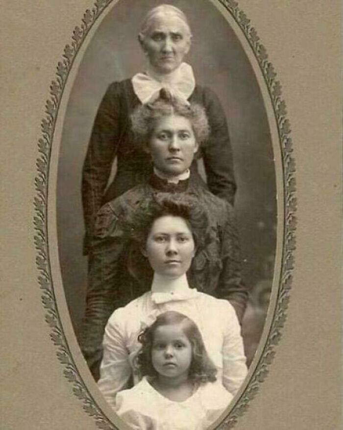 Victorian-Edwardian pictures showing four women of different ages in period clothing in an oval vintage portrait frame