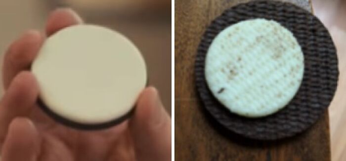 Two Oreo cookies side by side showing misleading packaging with uneven cream filling inside the biscuit.
