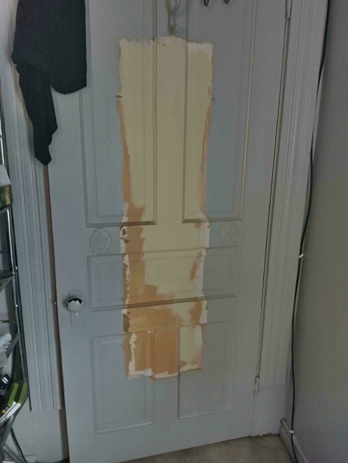 Door patch job with uneven paint application showing a funny example of people not even trying repair work.