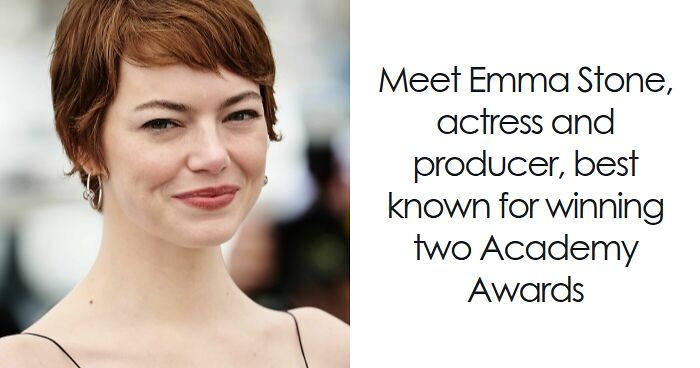 Emma Stone smiling with short hair, highlighting her bio and career achievements as an award-winning actress.