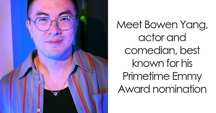 Bowen Yang portrait wearing glasses and striped shirt, highlighting bio and career highlights as actor and comedian.