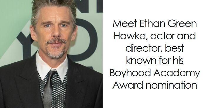 Ethan Hawke in a black suit at a formal event, highlighting his bio and career achievements as an actor and director