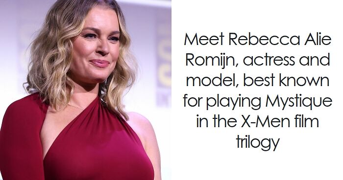 Rebecca Romijn in a red dress at an event, known for her bio and career highlights in acting and modeling.